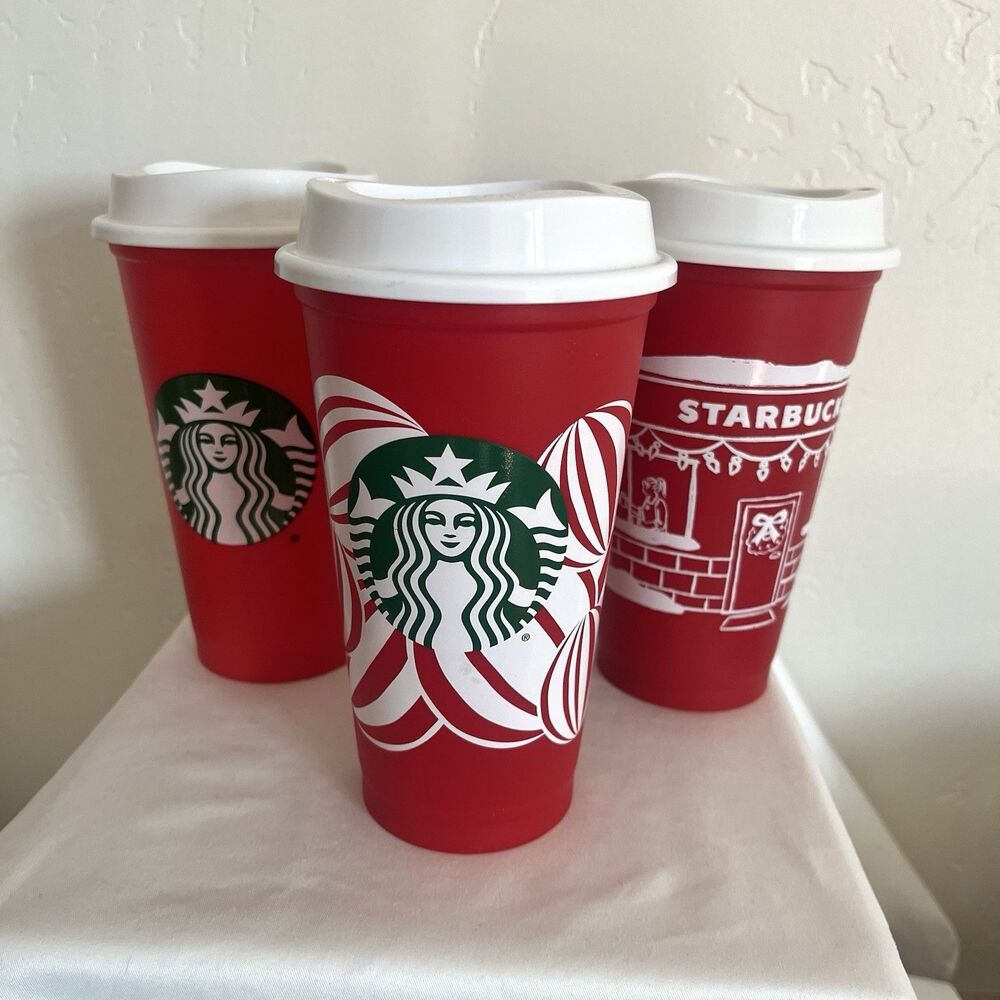 2025 2024 Starbucks 16 Ounce Reusable Christmas Cups With Lids Holiday 3 Lot NEW